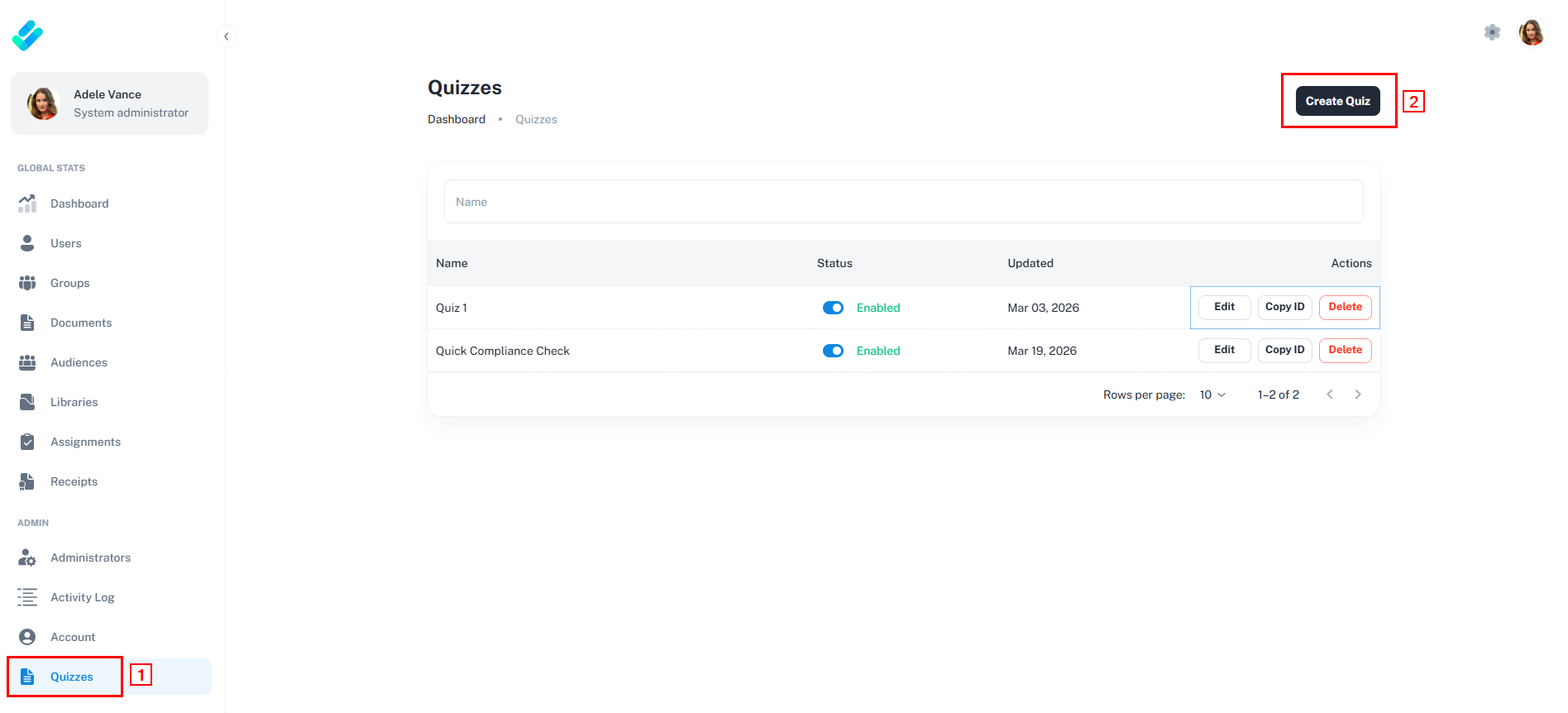 Create Quiz entry point