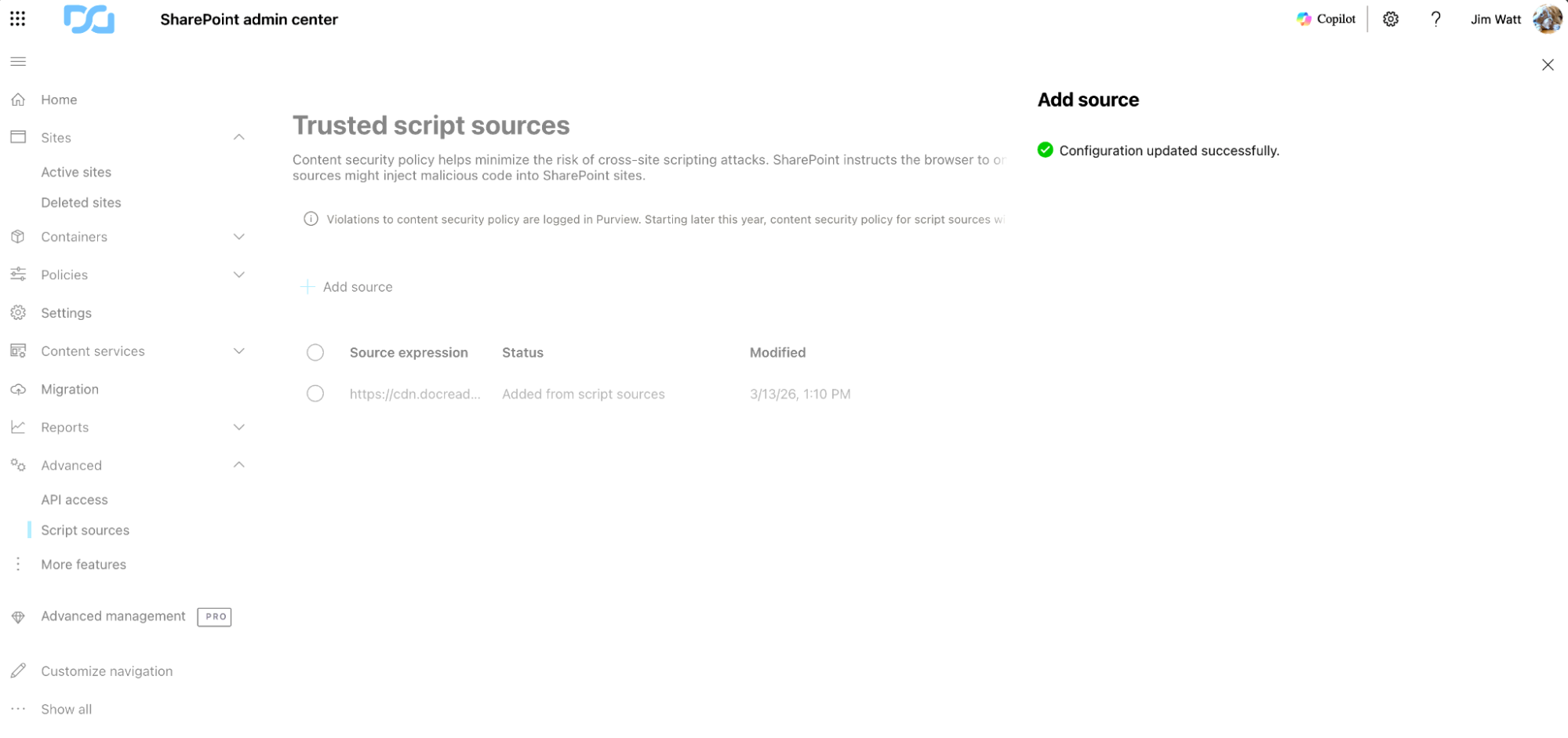 SharePoint trusted source configuration screen for DocRead